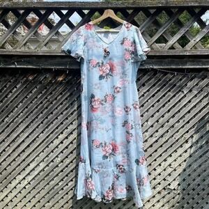 Vintage Pastel Blue Floral Dress Flutter Sleeve Medium‎ Coquette Whimsical Fairy